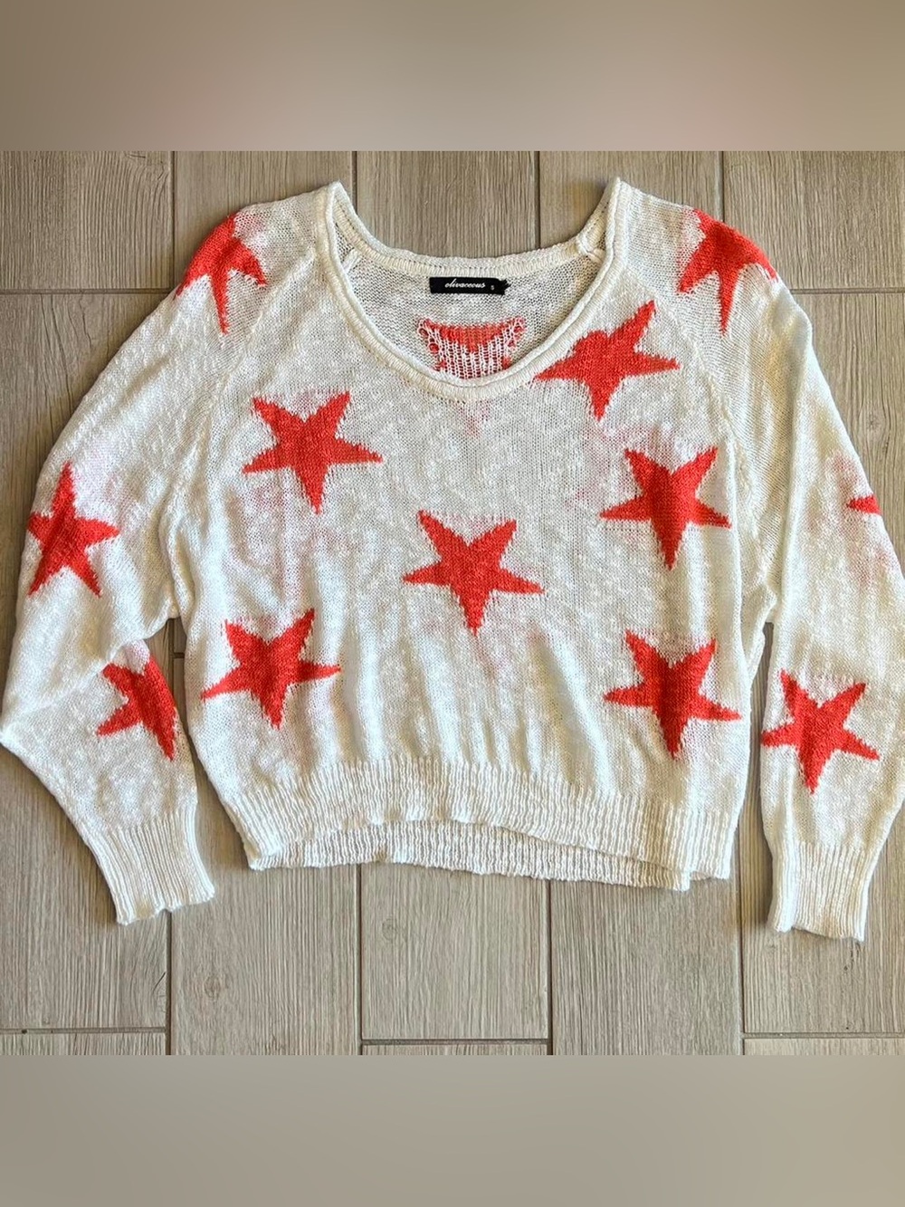 Women’s White Knit Sweater with Red Star Pattern